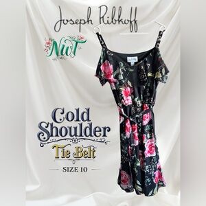 👛 2/$60 JOSEPH RIBKOFF Floral Lined Cold Shoulder Dress with Belt, V-Neck. NWT